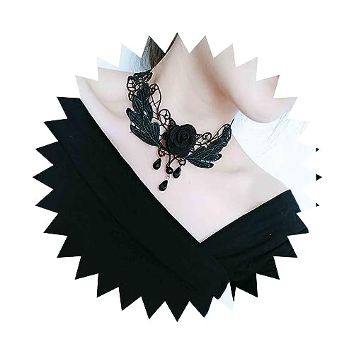 Dervivea Gothic Lace Choker Necklace Schwarz Rose Flower Lace Necklace Schwarz Lace Collar Necklace Lolita Halloween Kostüme Cosplay Necklace Schmuck Für Frauen Und Mädchen von Dervivea