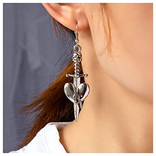 Dervivea Gothic Skull Sword Ohrringe Schwert Herz Ohrringe Langes Schwert Baumeln Ohrringe Silber Schwert Haken Ohrringe Schmuck Für Frauen Und Mädchen von Dervivea