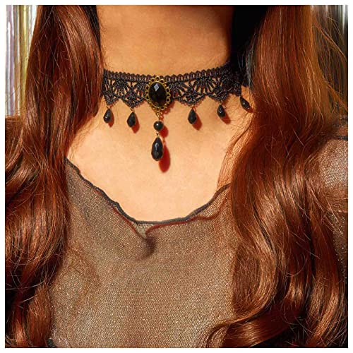 Dervivea Gothic Spitze Choker Halskette Schwarze Spitze Edelstein Halskette Vintage Schwarz Kristall Anhänger Halskette Halloween Party Custume Halskette Schmuck Für Frauen Und Mädchen(A) von Dervivea