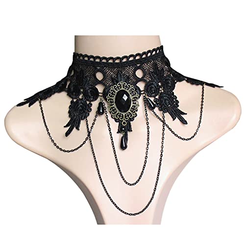 Dervivea Gothic Spitzen Halsband Halsband Schwarz Spitze Edelstein Halsband Schwarz Tropfen Kristall Halsband Halsband Punk Kostüm Party Halsband Halloween Schmuck Für Frauen Und Mädchen von Dervivea