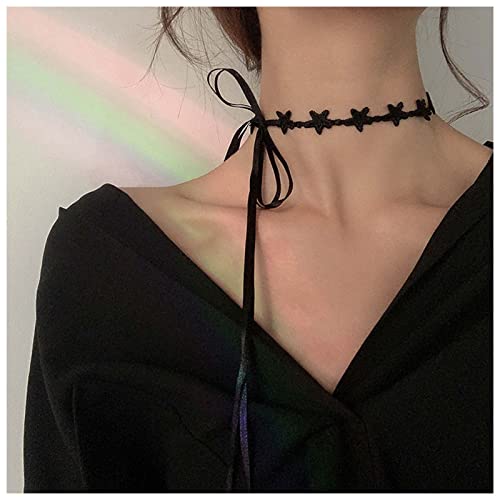 Dervivea Gothic schwarze Spitze Choker Halskette Stern Spitze Kragen Halskette Lange Samtband Hals Krawatte Kette Vintage Schwarz Schleife Halskette Schmuck für Frauen von Dervivea