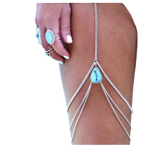 Dervivea Mehrschichtige Türkisfarbene Beinkette Böhmisch Silberne Oberschenkelkette Strand Teardrop Körperkette Beinkette Bikini Harness Körper Oberschenkelschmuck Für Frauen Und Mädchen von Dervivea