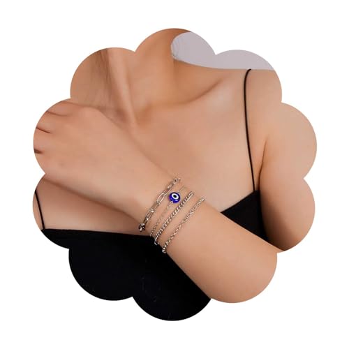 Dervivea Punk Blaues Böses Auge Armband Silber Büroklammer Armbänder Stapelbares Kettenarmband Türkisches Auge Armbänder Glückliches Auge Hand Kette Armband Panzerarmband Kettenschmuck Set Für Frauen von Dervivea