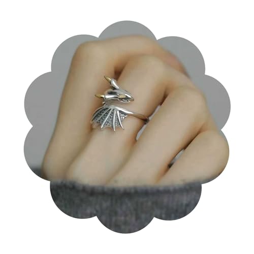 Dervivea Punk Fliegender Drachen Ring Silber Drachen Fingerring Fliegender Drache Ring Drachenritter Ring Halloween Pterosaurier Ring Verstellbarer Offener Ring Schmuck Für Frauen Und Mädchen von Dervivea