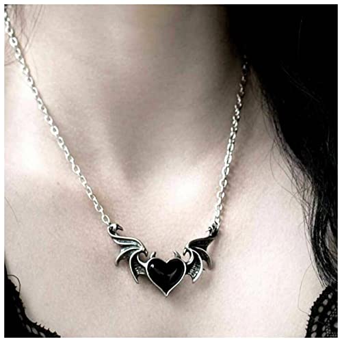 Dervivea Punk Schwarz Herz Fledermaus Flügel Halskette Schwarz Emaille Herz Halskette Gothic Flügel Anhänger Halskette Halloween Onyx Fledermaus Flügel Halskette Schmuck Für Frauen Und Mädchen von Dervivea