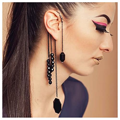 Dervivea Schwarze Quastenohrringe Ohrringe Gothic Edelstein Tropfen Ohrclip Ohrringe Vintage Lange Fransen Quasten Ohrmanschette Ohrringe Schwarz Single Ohrclip Ohrringe Nicht Piercing Ohrringe von Dervivea