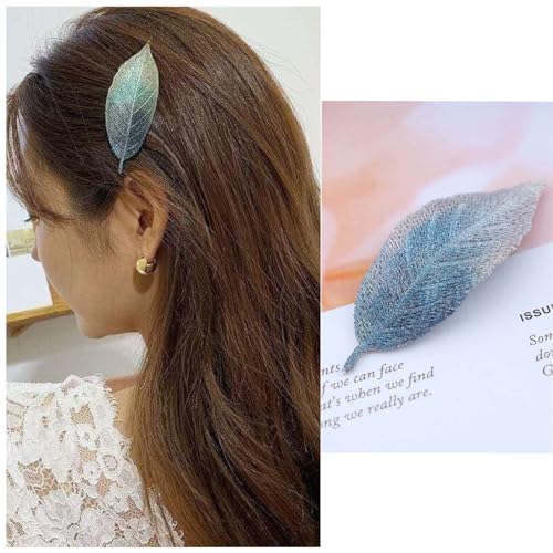 Dervivea Stoff Blatt Haarspange Barrette Gesticktes Blatt Snap Clip Blau Blatt Seite Haarspange Blätter Kopf Clip Kopfbedeckung Pflanze Haarspangen Dekorative Haar-Accessoires Für Frauen von Dervivea