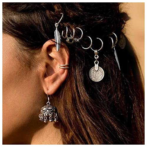 Dervivea Vintage Feder Dreadlock Haar Ringe Silber Münze Haar Ringe Clip Metall Kreis Haar Zöpfe Clip Blatt Haar Schleifen Clips Dekorative Haar-Accessoires Für Frauen Und Mädchen Packung Von 8 von Dervivea