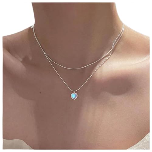 Dervivea Vintage Geschichtet Mondstein Herz Halskette Opal Liebe Herz Anhänger Halskette Doppelschicht Opalit Herz Halskette Silber Kugel Kette Halskette Schmuck Für Frauen(Doppelschicht) von Dervivea