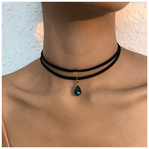 Dervivea Vintage Layered Suede Choker Halskette Green Teardrop Clavicle Halskette Black Velvet Choker Halskette Cz Smaragd Anhänger Halskette Halsband Schmuck für Frauen und Mädchen von Dervivea