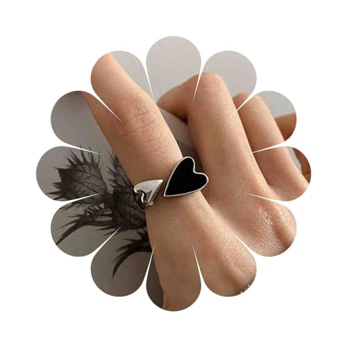 Dervivea Vintage Liebe Herz Ring Herz Wickeln Offenen Ring Schwarzes Herz Fingerring Silber Herz Emaille Ring Einstellbar Offenen Ring Schmuck Für Frauen Und Mädchen von Dervivea