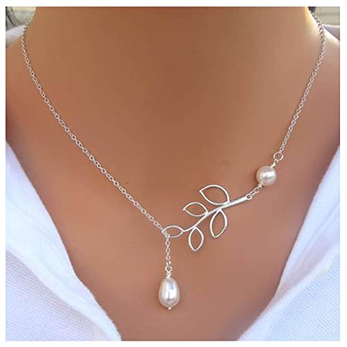 Dervivea Vintage Olivenblatt Choker Halskette Perle Anhänger Halskette Teardrop Perle Halskette Kette Silber Y Lariat Halskette Für Frauen Und Mädchen von Dervivea