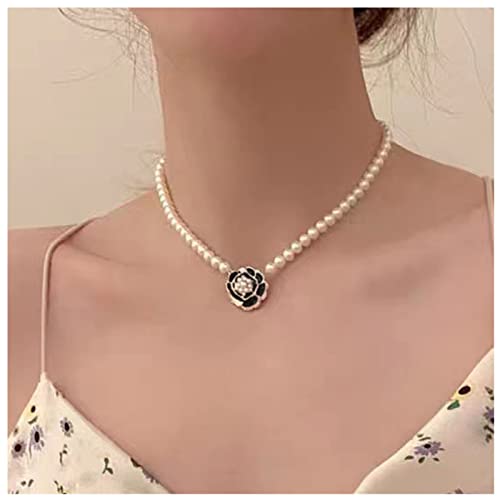 Dervivea Vintage Perle Blume Halskette Kette Perle Perlen Choker Halskette Schwarz Blume Anhänger Halskette Simuliert Perle Kette Halskette Schmuck Für Frauen Und Mädchen von Dervivea