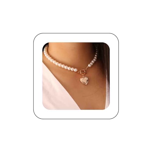 Dervivea Vintage Perle Choker Halskette Liebe Herz Anhänger Halskette Kette Toggle Verschluss Halskette Choker Bohème Gold Halskette Kette Schmuck Für Frauen Und Mädchen von Dervivea