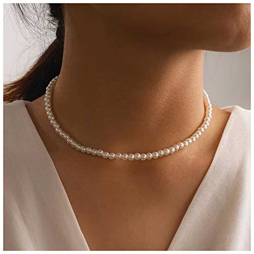 Dervivea Vintage-Perlen-Halskette, Choker, kleine Perlenkette, weiße Perlen-Halskette, runde Perlen-Charm-Halskette, Schmuck für Frauen und Mädchen von Dervivea