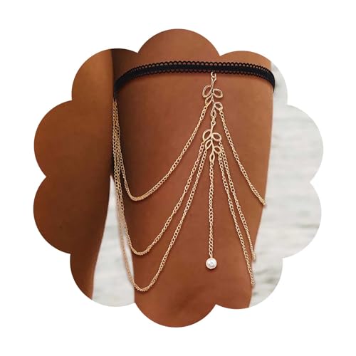 Dervivea Vintage Perlenanhänger Bein Kette Blattgold Oberschenkelkette Hohlblatt Körperkette Halloween Perlenanhänger Bein Oberschenkelkette Bikini Sommer Körperkette Schmuck Für Frauen Und Mädchen von Dervivea