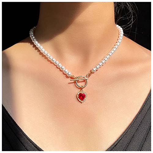 Dervivea Vintage Perlenkette Choker Halskette Rotes Herz Edelstein Anhänger Halskette Runde Perlenkette Halskette Rubin Strass Herz Halskette Schmuck Für Frauen Und Mädchen von Dervivea