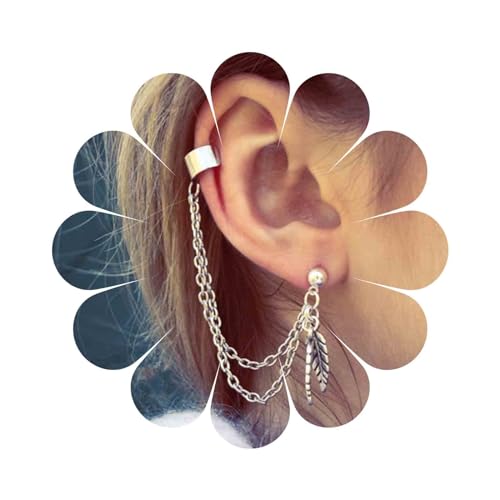 Dervivea Vintage Quaste Kette Ohr Manschette Ohrringe Böhmen Blatt Tropfen Ohrstecker Punk lange Quaste Kette Knorpel Ohrringe Silber Feder Clip auf Wickelohrringe Schmuck für Frauen und Mädchen von Dervivea