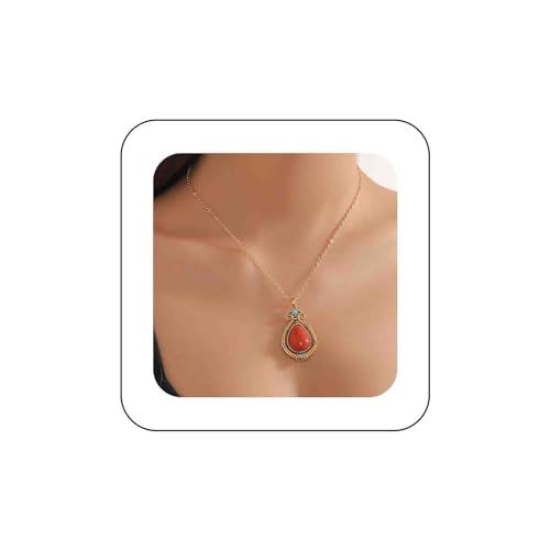 Dervivea Vintage Rote Edelstein Halskette Tropfen Türkis Anhänger Halskette Rot Türkis Choker Halskette Faux Koralle Choker Halskette Gold Türkis Stein Halskette Schmuck Für Frauen Und Mädchen von Dervivea