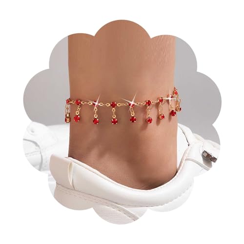 Dervivea Vintage Rubin Quaste Fußkettchen Gold Rubin Fußkettchen Armband Rot Kristall Fußkette Rubin Baumeln Fußkettchen Cz Fransen Fußkettchen Sommer Strand Fußkettchen Schmuck Für Frauen Und Mädchen von Dervivea