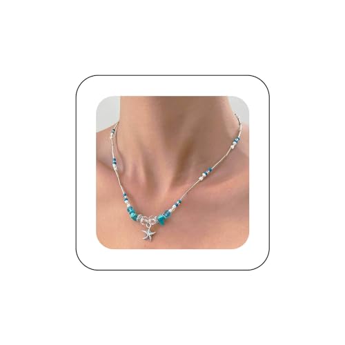 Dervivea Vintage Seestern Anhänger Halskette Silber Seestern Choker Halskette Kleiner Seestern Halskette Blau Türkis Perlen Halskette Sommer Strand Ohrringe Schmuck Für Frauen Und Mädchen von Dervivea