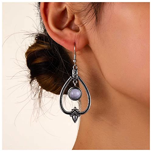 Dervivea Vintage Silber Tribal Hohle Ohrringe Boho Tribal Baumeln Ohrringe Lila Runden Edelstein Tropfen Ohrringe Hohlen Tropfen Haken Ohrringe Schmuck Für Frauen Und Mädchen(Lila 1) von Dervivea