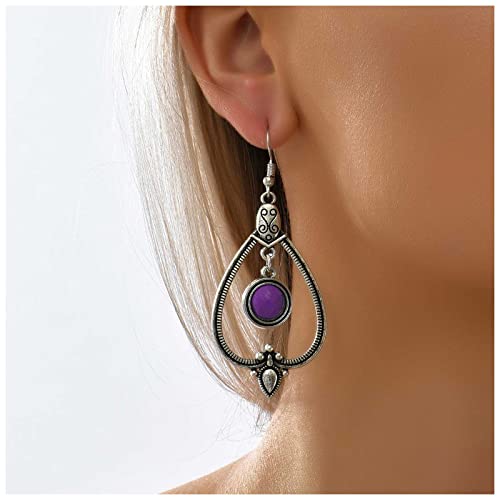 Dervivea Vintage Silber Tribal Teardrop Ohrringe Boho Hohl Aus Baumeln Ohrringe Lila Edelstein Tropfen Ohrringe Hohl Teardrop Haken Ohrringe Schmuck Für Frauen Und Mädchen(Lila 2) von Dervivea