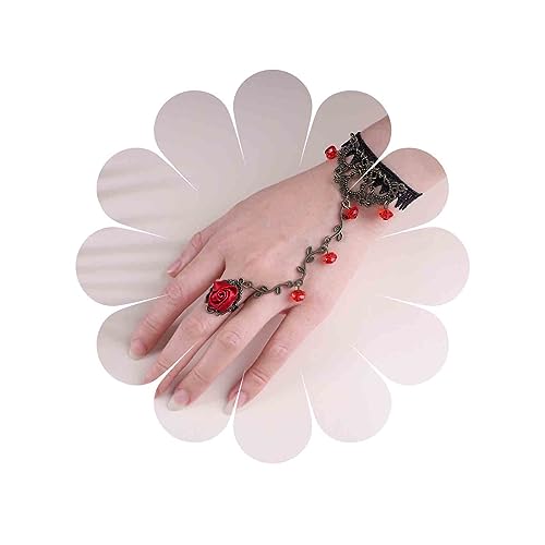 Dervivea Vintage Spitze Finger Ring Armband Rote Rose Hand Harness Armband Victorian Halloween Armband Spitze Kristall Sklaven Armband Schmuck Für Frauen Und Mädchen von Dervivea