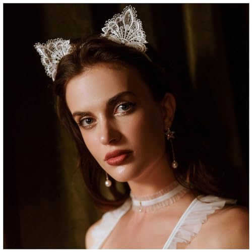 Dervivea Vintage Spitze Katzenohren Haarband Weiße Katzenohren Stirnbänder Süße Katze Haarreifen Kopfbedeckung Cosplay Halloween Party Kopfband Haarschmuck Für Frauen Und Mädchen Kopfschmuck von Dervivea