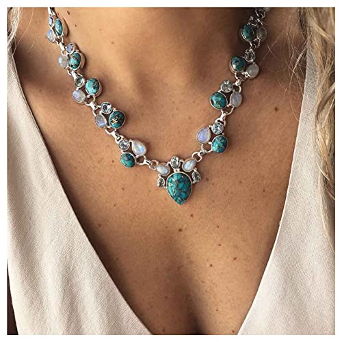 Dervivea Vintage Teardrop Türkis Choker Halskette Blau Türkis Perlen Choker Halskette Blau Edelstein Halskette Moontone Halskette Choker Schmuck Für Frauen Und Mädchen von Dervivea