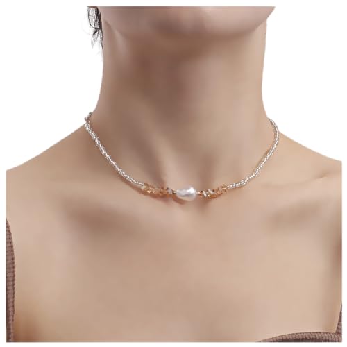 Dervivea böhmische Perlen-Choker-Halskette, schwebende barocke Perle, Schlüsselbein-Halskette, Kristallperlen, kurze Halskette, Strand, transparente Perlenkette, Kettenschmuck für Frauen und Mädchen von Dervivea