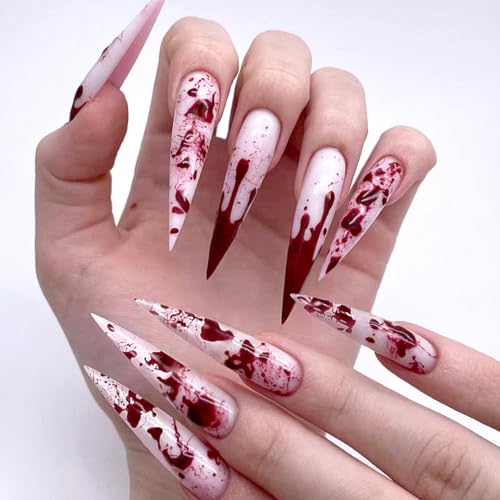 DeryArcle 24 Stück Nägel zum Aufkleben Lang Halloween Tip Glitzer Weiß Rosa Künstliche Nägel Natural Kunstnägel Press on Nails Fingernägel Fake Nails für Frauen Mädchen von DeryArcle