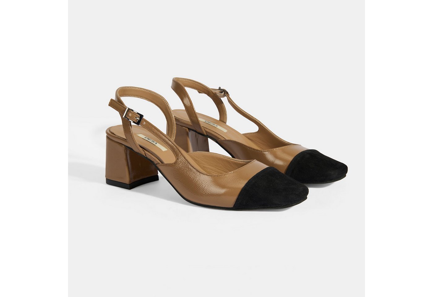 Desa Damen-Slipper aus Lackleder – Blockabsatz, Schnallenverschluss Loafer von Desa