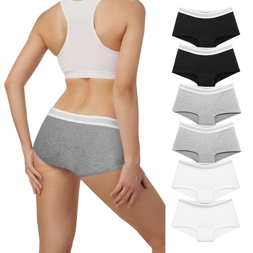 Desanlapi 6er Pack Boxershorts Unterhosen Damen Baumwolle Unterwäsche Hipsters Atmungsaktive Panties Damen mit Weicher dehnbarer Bund Schwarz Weiß Grau M von Desanlapi