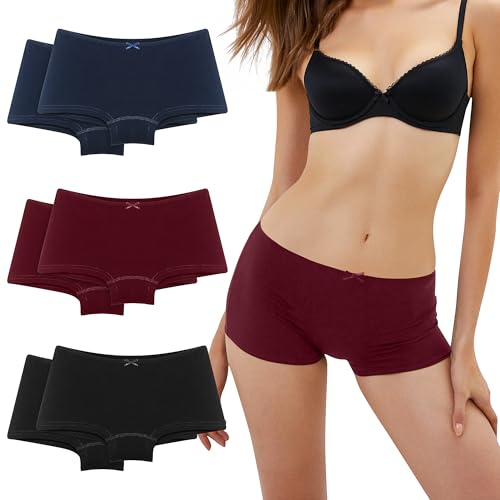 Desanlapi Pantys Damen Baumwolle Boxershorts Frauen Panties Baumwoll-Slips für Damen Hotpants Hipsters 6er Pack Weich Bequem Shorts Unterwäsche Schwarz Blu Dunkrot S von Desanlapi