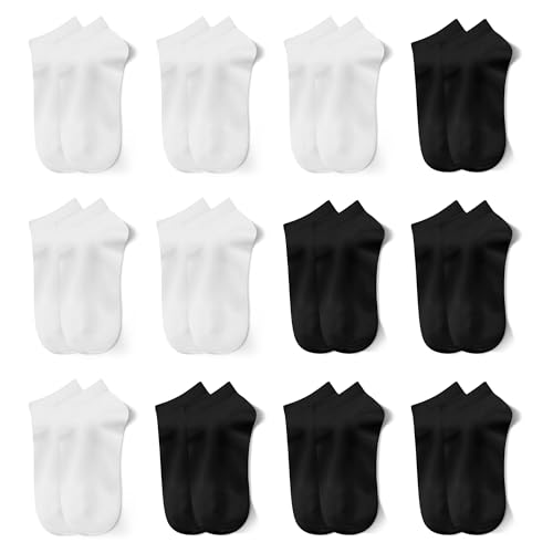 Desanlapi Sneaker Socken Kinder Baumwolle 12 Paar Sportsocken Jungen Kindersocken Kleinkind Socken Schulkind Plain Farben Unisex Stümpfe für Alltag und Sport Schwarz Weiß 35-38 von Desanlapi