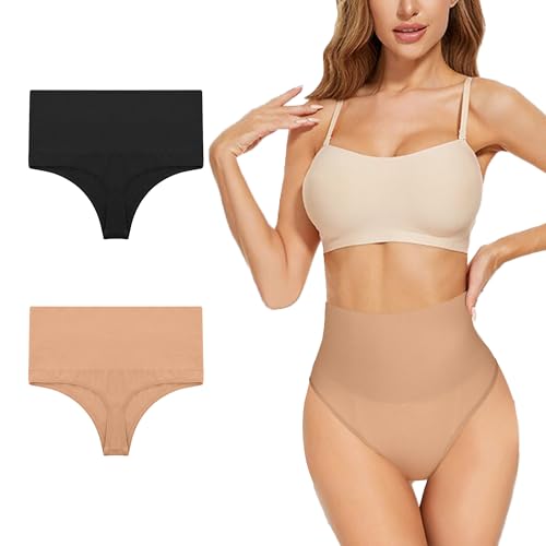 Desanlapi String Tangas Damen Bauchkontrolle Strings Set Thong Beige Frauen Unterhosen Hoher Taille Unterwäsche Weich Panties Mehrpack,Schwarz+Beige 2er Pack S/M von Desanlapi