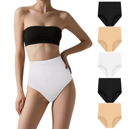 Desanlapi Unterhosen Damen Hohe Taille Slips Baumwolle Unterwäsche Stretch Panties Damen Weich Hoher Taillenslip Bequeme Schlüpfer für Frauen 5er Pack schwarz weiß beige M von Desanlapi