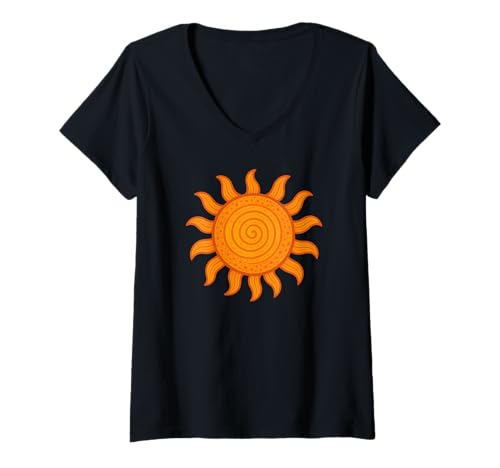 Damen T-Shirt im Retro-Stil im Boho-Stil mit spiralförmigem Sonnensymbol T-Shirt mit V-Ausschnitt von Desert Dream Prints