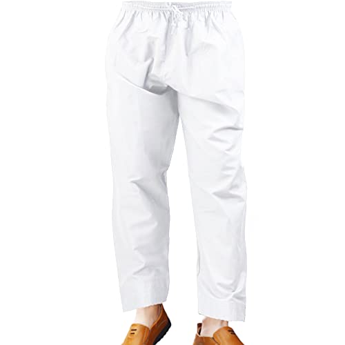 Herren Muslimische Hose Jogging Sirwal Baumwolle Lose Stil Afghanische Hose mit Taille Gummiband für Gebet Eid Buggy Hose, weiß, 27-32 von Desert Dress