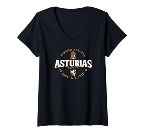 Damen Asturien Spanien Label Koordinaten 2C T-Shirt mit V-Ausschnitt von Desert Merch Asturias Spain Shop