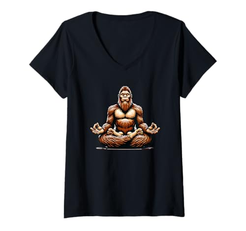 Damen Zen Bigfoot meditiert in Lotus-Pose T-Shirt mit V-Ausschnitt von Desert Merch Bigfoot Shop