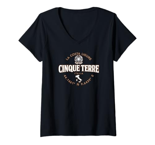 Damen Cinque Terre Italien Koordinaten Label 2C T-Shirt mit V-Ausschnitt von Desert Merch Cinque Terre Italy Shop