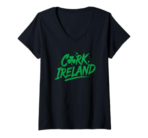 Damen Kork Irland Kleeblatt Pinsel Spritzer Grün Print T-Shirt mit V-Ausschnitt von Desert Merch Ireland Shop