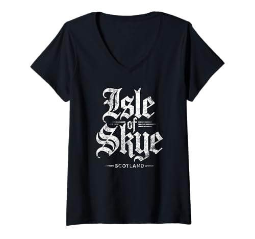 Damen Isle of Skye Schottland Gothic Useddruck weiß T-Shirt mit V-Ausschnitt von Desert Merch Isle of Skye Scotland Shop