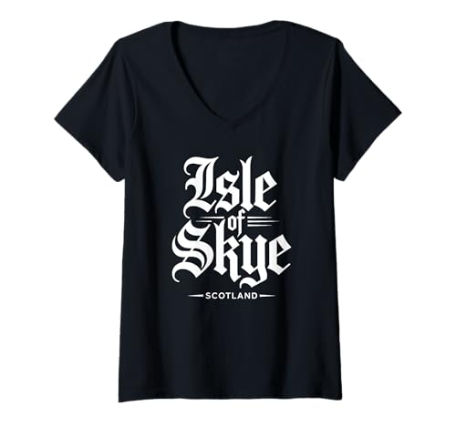 Damen Isle of Skye Scotland Gothic Print Weiß T-Shirt mit V-Ausschnitt von Desert Merch Isle of Skye Scotland Shop