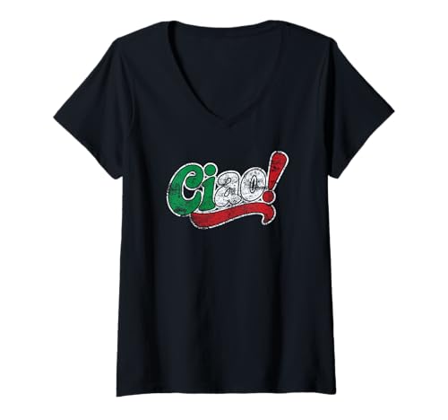 Damen Ciao! Italienische Flagge, Used-Look T-Shirt mit V-Ausschnitt Damen Ciao! Italienische Flagge, Used-Look T-Shirt mit V-Ausschnitt von Desert Merch Italy Shop