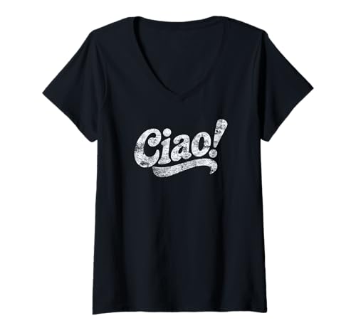 Damen Ciao! Italienischer Gruß, Used-Look, Weiß T-Shirt mit V-Ausschnitt Damen Ciao! Italienischer Gruß, Used-Look, Weiß T-Shirt mit V-Ausschnitt von Desert Merch Italy Shop