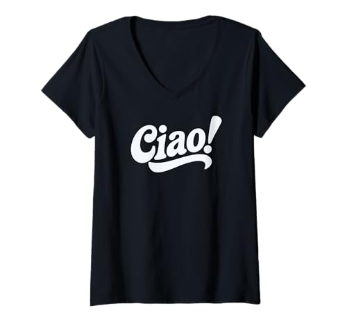 Damen Ciao! Italienischer Gruß, weißer Druck T-Shirt mit V-Ausschnitt von Desert Merch Italy Shop