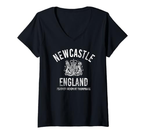Damen Newcastle, England, weißer Aufdruck im Used-Look T-Shirt mit V-Ausschnitt von Desert Merch Newcastle England Shop
